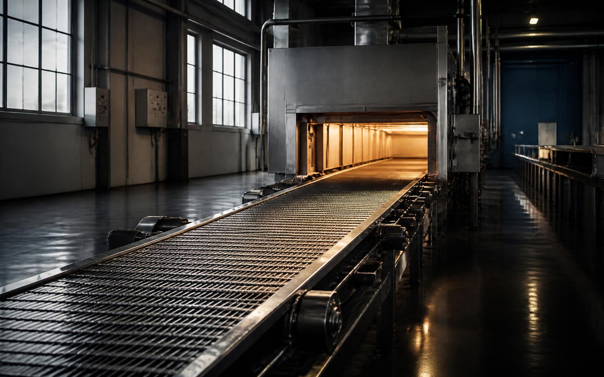 Stainless steel wire mesh conveyor belt travelling through an industrial oven